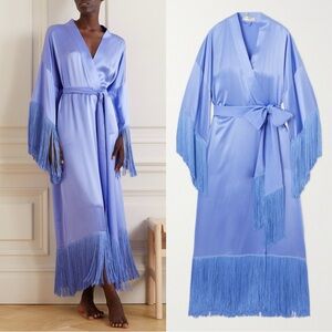 Olivia Von Halle Amina Fringed Silk Satin Long Robe One Size NWT Bluebell